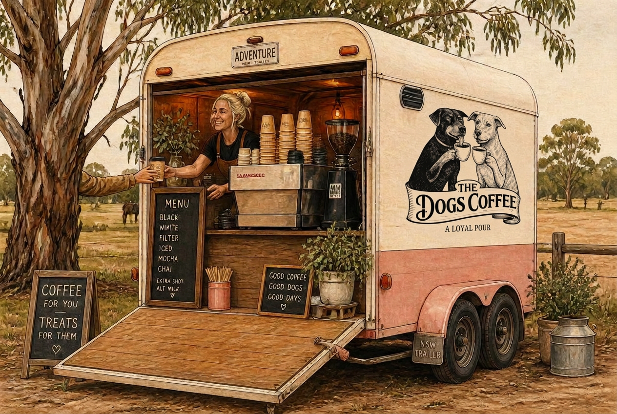 The Dogs Coffee mobile cart — a white and light pink converted horse float with the serving window open under gum trees
