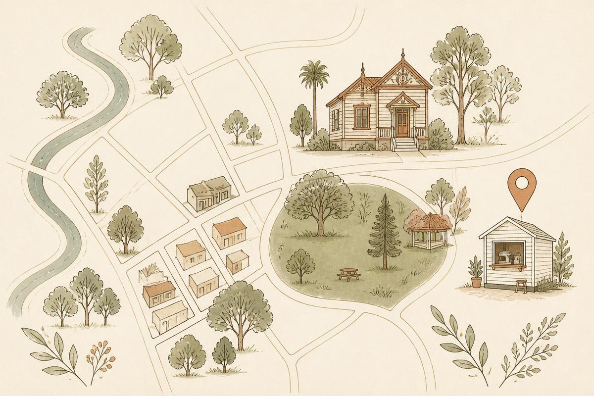 Map showing The Dogs Coffee location next to Piccabean Park in Bangalow